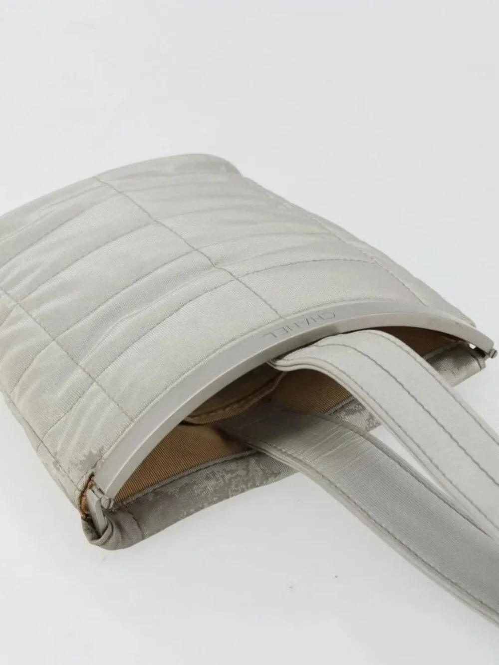 CHANEL Choco Bar Hand Pouch Nylon Silver CC Auth bs35353